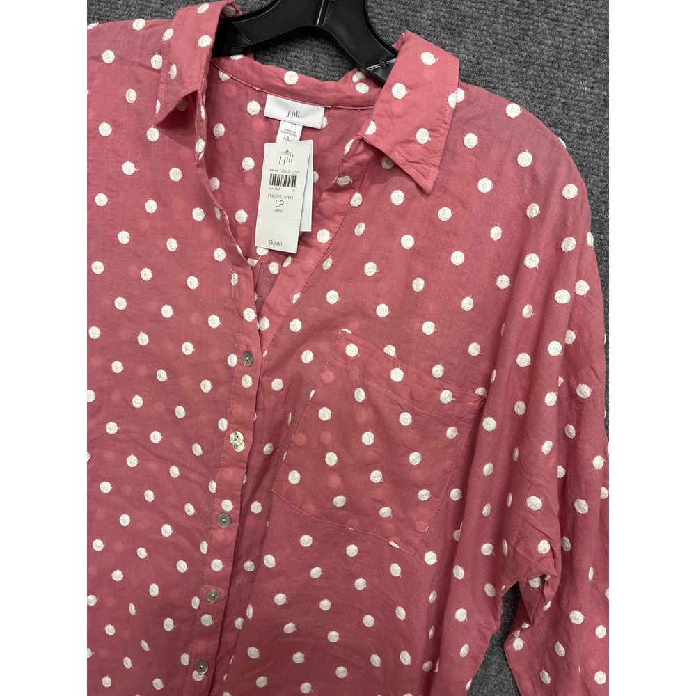 Cotton J. Jill Pink White Polka Dot Button Down Shirt Petite Large NWT